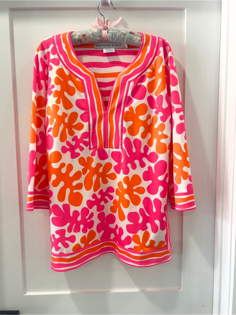 Gretchen Scott Pink & Orange Vibrant Geometric Tunic Top Size  L